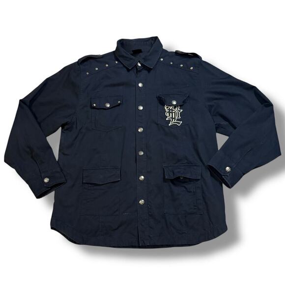 Blac Label 68 Shacket Mens Black Gold Embroidered Skulls Iron Cross Shirt ~XL - Picture 2 of 9